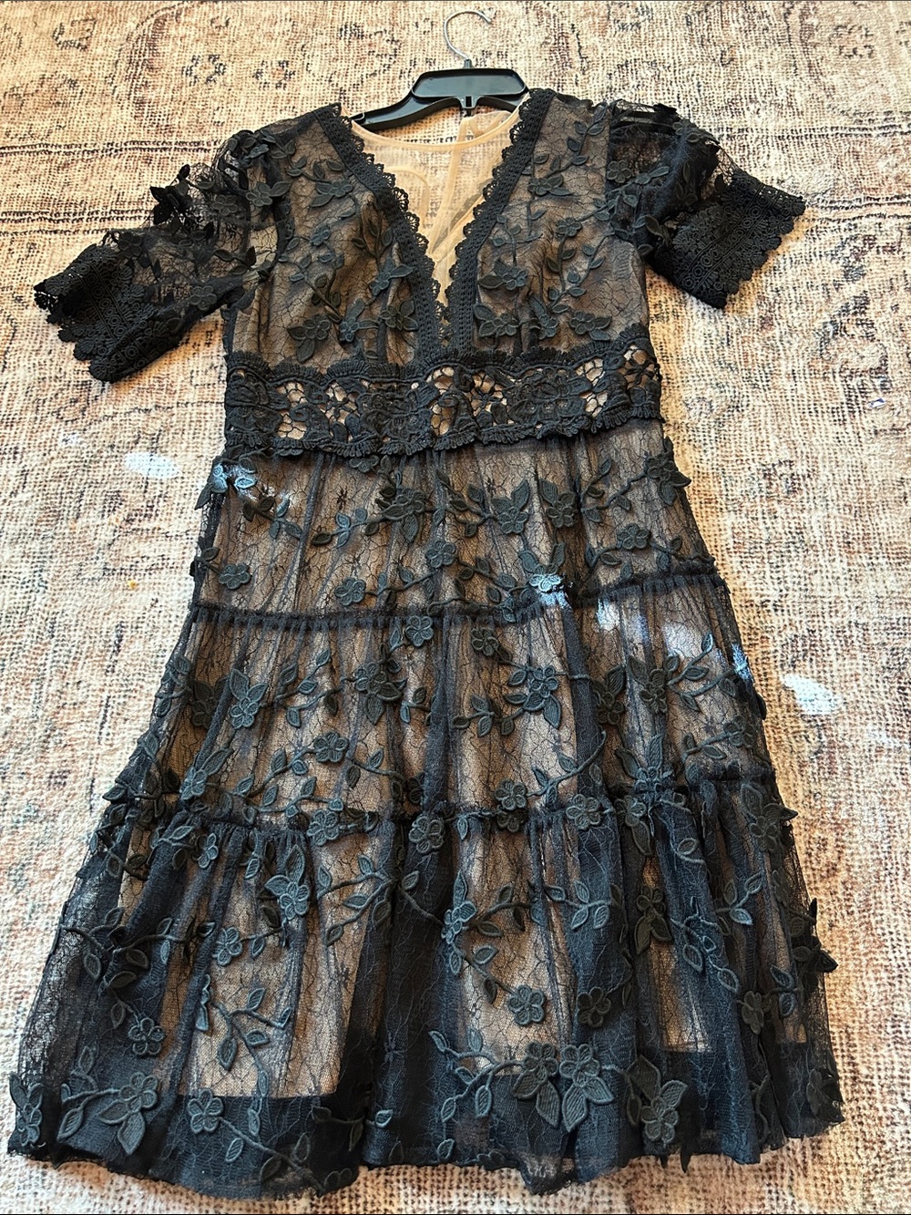 Adrianna Papell Black Floral Lace Tiered Dress
